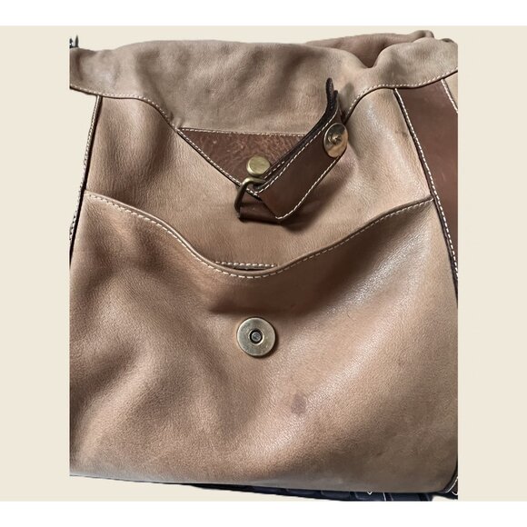 Italian Leather Shoulder Crossbody Bag 1990s –Two‑Tone Brown – Drawstring Buckle - Picture 4 of 8